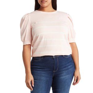 ANNE KLEIN Crewneck Puff Sleeve Stripe Top Pink/White 1X